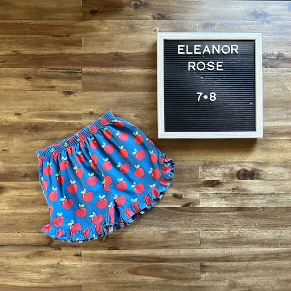 Eleanor Rose Schoolyard Fun Blue Red Apple Lulu Ruffle Shorts Back to School 7/8 - Picture 1 of 4